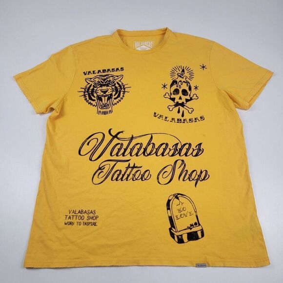Valabasas Tattoo Shop Distressed Studded Tee T-Shirt Vintage Yellow Size XL Y2K - Picture 1 of 13